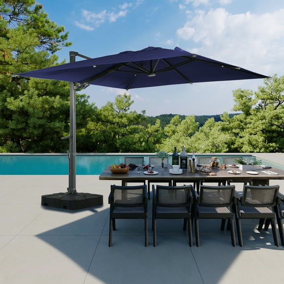 Boyel Living 10 x 10 FT Square Patio Umbrellas - w/ Base&LED, 360 Rotation with Aluminum Pole Outdoor Offset Cantilever Umbrella for Deck Pool, Navy Blue