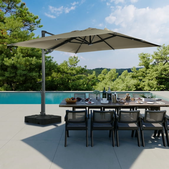 Boyel Living 10 x 10 FT Square Patio Umbrellas - w/ Base&LED, 360 Rotation with Aluminum Pole Outdoor Offset Cantilever Umbrella for Deck Pool, Taupe