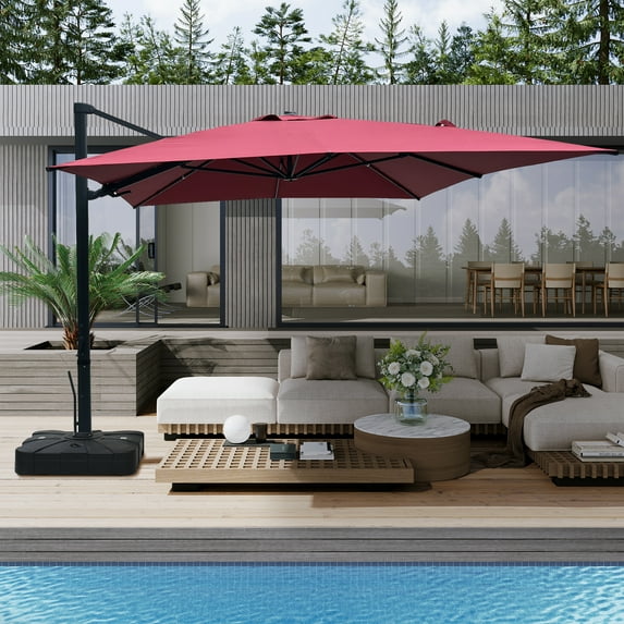 Boyel Living 10 x 13 FT Cantilever Patio Umbrella, Outdoor Rectangle Offset Umbrella with 360°Rotation, Heavy Duty Patio Hanging Umbrella with Base for Garden Pool Backyard, Red