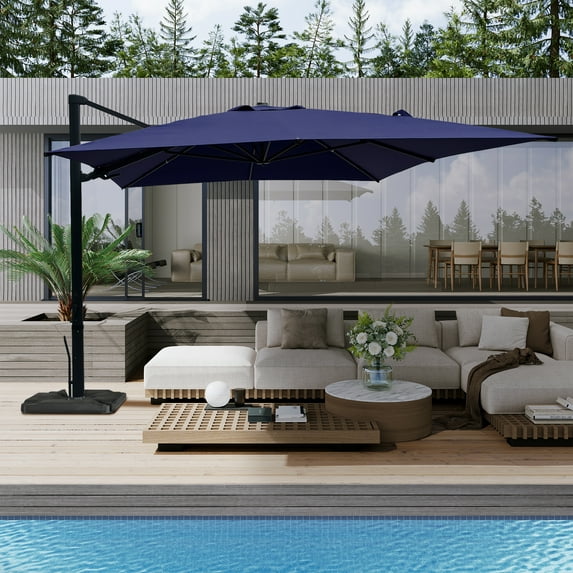 Boyel Living 10 x 13 FT Offset Patio Umbrella - w/Base, Offset Cantilever Patio Outdoor Sun Umbrella, Crank System & 90° Adjustable Tilt, Navy Blue