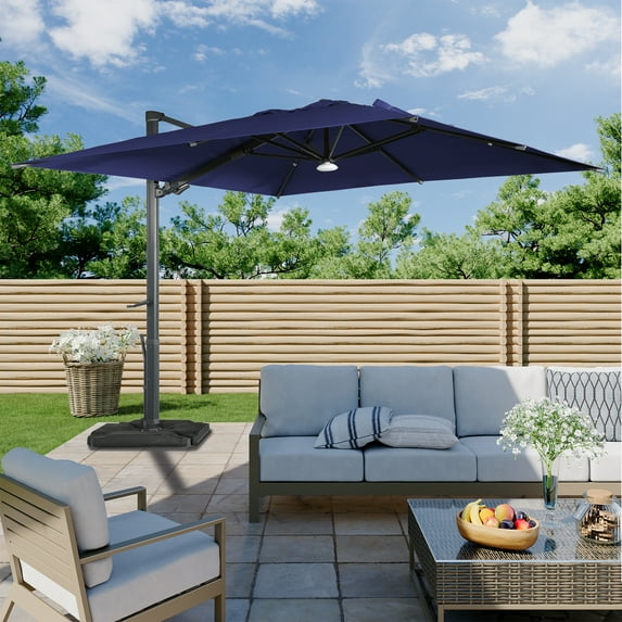 Boyel Living 10x10ft Cantilever Patio Umbrella, Large Cantilever Umbrella 360°Rotation Sun Umbrella for Market Garden Deck Pool Backyard, w/ Bluetooth Ambient Light & Base(Navy Blue)