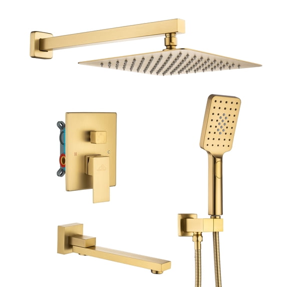 Boyel Living 12 in Shower System Wall Mount 3-Functions Square Shower Faucet Set with Handheld Spray,Brushed Gold