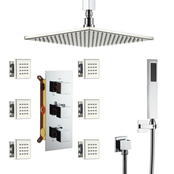 Boyel Living 12 inch Ceiling Mount Shower Head LED Light 3 Function Thermostatic Shower System with 6 Body Jets ,Chrome