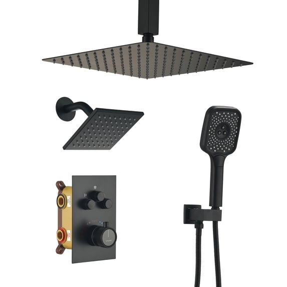 Boyel Living 12 inch Ceiling Mounted Rain Shower System 3 Function Thermostatic Shower System with Wall Mount 6 inch Regular Shower Head,Matte Black
