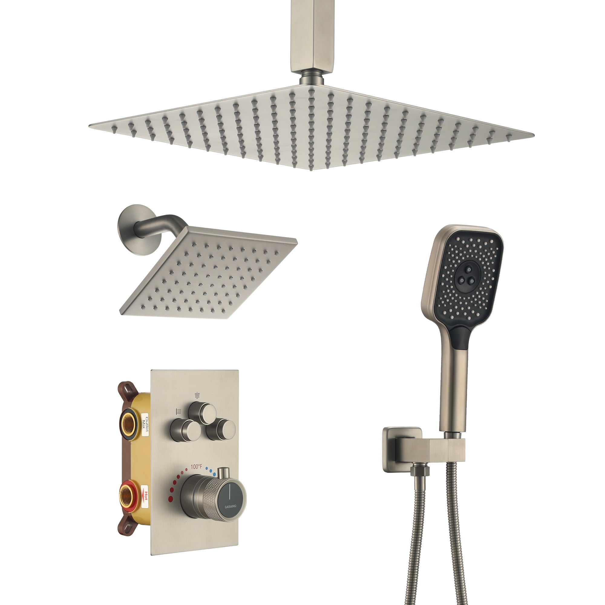 Brushed Nickel 12-Inch Dual Square Ceiling Mounted Shower System