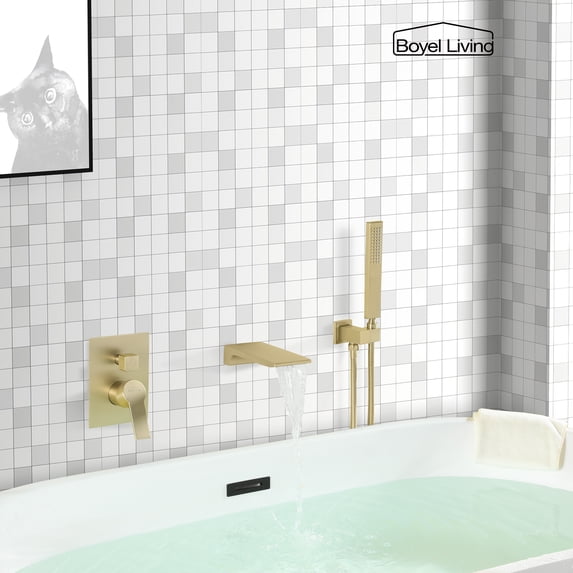 Boyel Living 2-function Waterfall Wall Mount Bathtub Faucet with Single-Handle Handheld Shower,Bathroom Roman Tub Faucet with Hand Shower in Brushed Gold