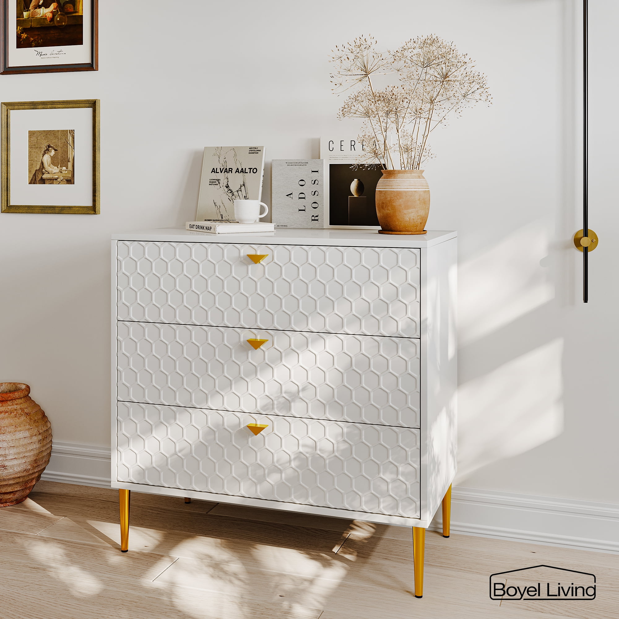 White Honeycomb Pattern 3-Drawer Mid-Century Modern Accent Cabinet