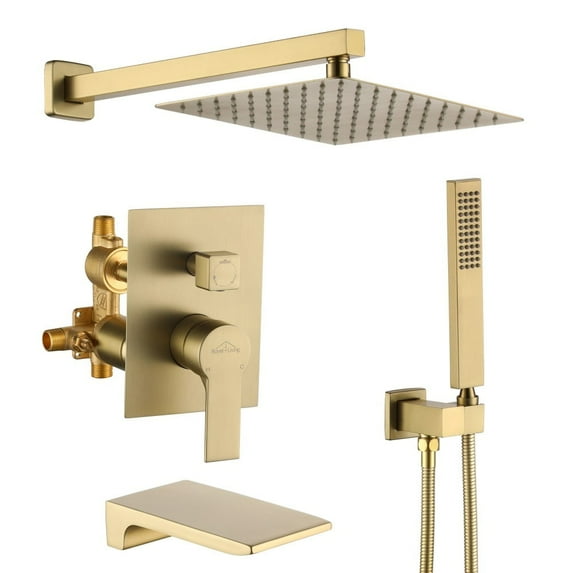 Boyel Living 3-Function Shower System with Waterfall Tub Spout and Handheld shower Brushed Gold 10 in Square Wall Mount Shower head with Pre-embedded Valve