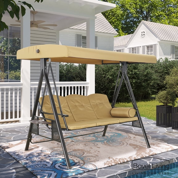 Boyel Living 3 Seat Patio Swings with Canopy, Outdoor Canopy Swing Steel Patio Swing, Adjustable Canopy Swing for Backyard, Poolside, Balcony(Taupe)