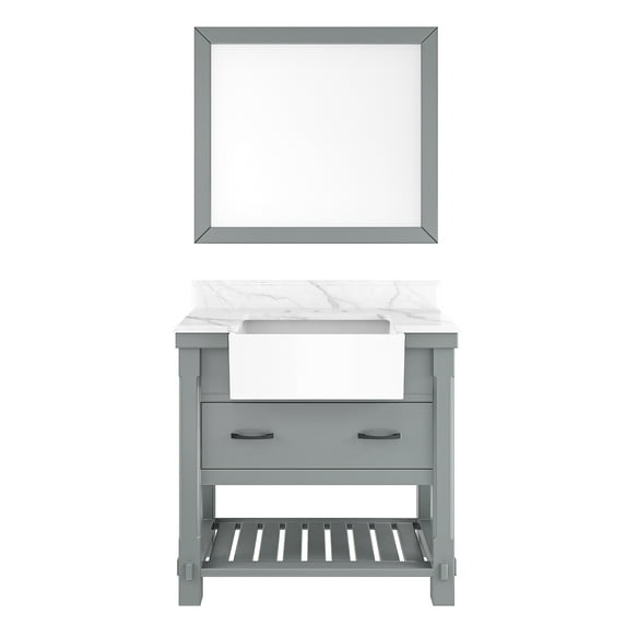 Boyel Living 36" Bathroom Cabinet Farmhouse Sink Bathroom Vanity in Grey Quartz stone worktop With mirror