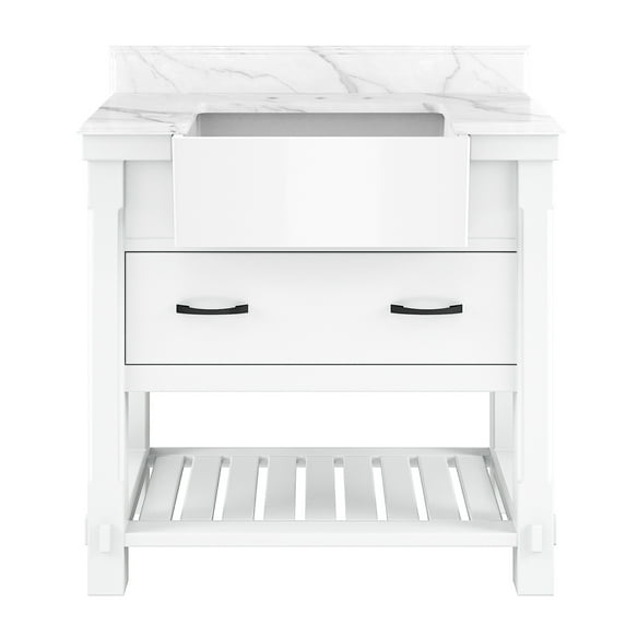 Boyel Living 36" Bathroom Cabinet Farmhouse Sink Bathroom Vanity in White Quartz stone worktop