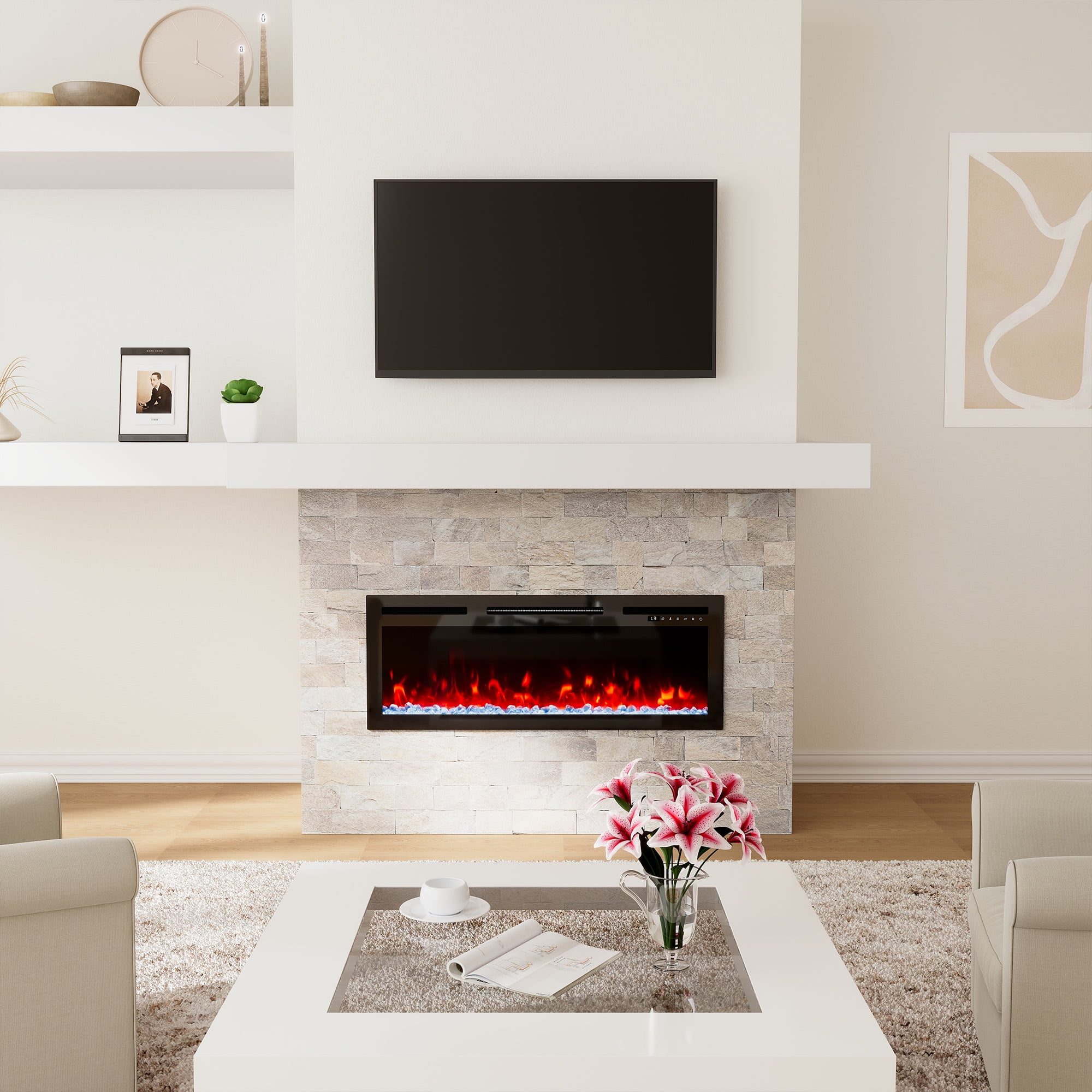 36" Black Glass Wall-Mount Electric Fireplace with Remote Control
