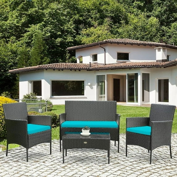 Boyel Living 4-Piece Patio Conversation Sofa Set Rattan Wicker Sofa Set with Tempered Glass Coffee Table