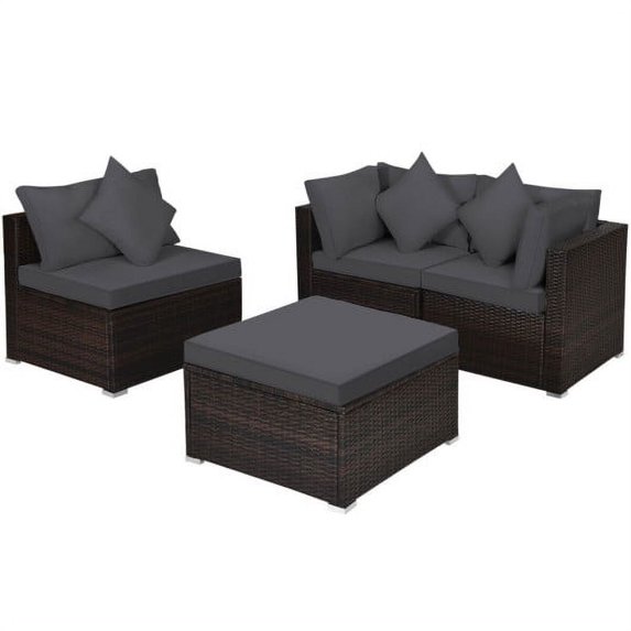 Boyel Living 4 Pieces Patio Rattan Furniture Set Cushioned Ottoman Sofa Chair Set for Garden Patio, Gray
