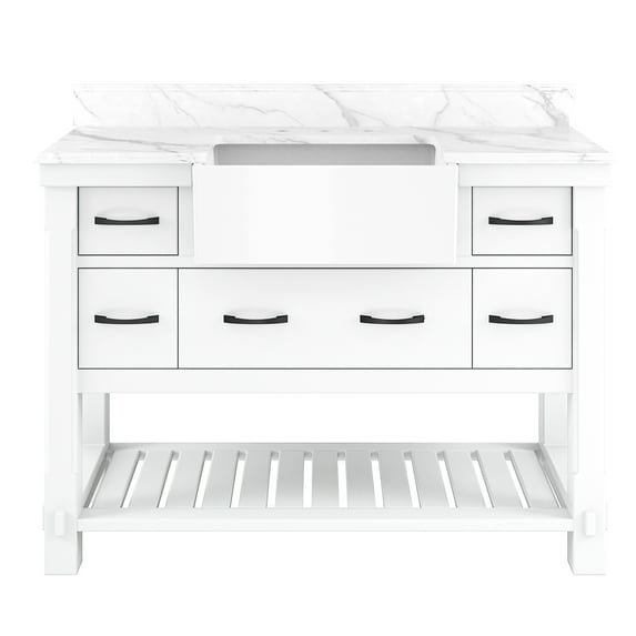 Boyel Living 48" Bathroom Cabinet Farmhouse Sink Bathroom Vanity in White Quartz stone worktop