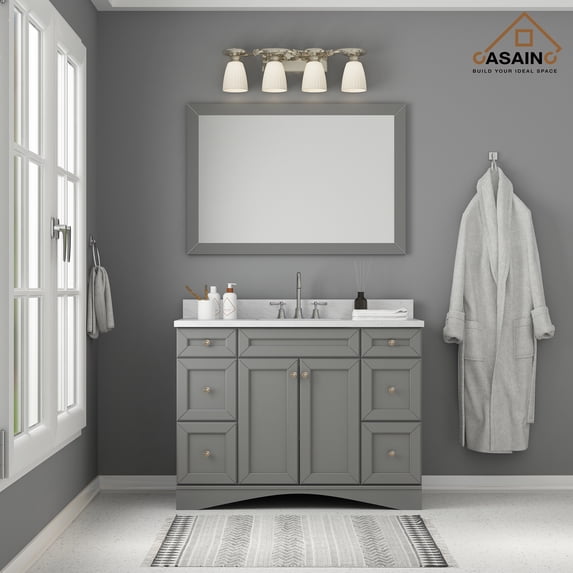 Boyel Living 48 inch Bathroom Vanity Marble Counter-Top Ceramic Basin Gray Solid Wood Bathroom Cabinet with Bathroom Mirror