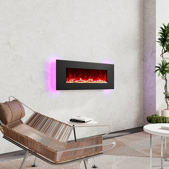 Boyel Living 50" Wall Mounted Electric Fireplace , 8 Colors Flame Recessed Fireplace Heater w/ Log & Crystal, Touch Panel & Remote Control Electric Fireplace