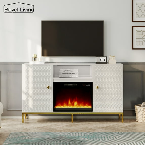 Boyel Living 59" Fireplace TV Stand, Entertainment Center with Storage Cabinet TV Console with 23" Electric Fireplace, White