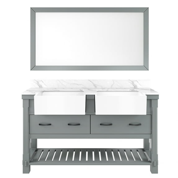 Boyel Living 60" Bathroom Cabinet Farmhouse Sink Bathroom Vanity in Grey Quartz stone worktop With mirror