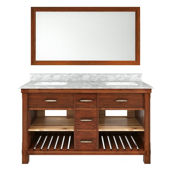 Boyel Living 60 inch Bathroom Sink Vanity Bathroom Cabine in Traditional Brown with Carrara Marble Top Ceramic Basin with Mirror