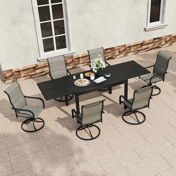 Boyel Living 7 Piece Outdoor Patio Dining Set, Outdoor Textilene Dining Chairs with Extendable Dining Table Metal Furniture Set for 8-Person, Black&Gray-Brown