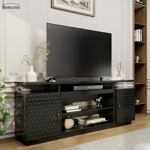 Boyel Living 70" TV Stand, High Gloss TV Entertainment Center with Storage Cabinet&Adjustable Shelves, TV Console for TVs up to 80", Black
