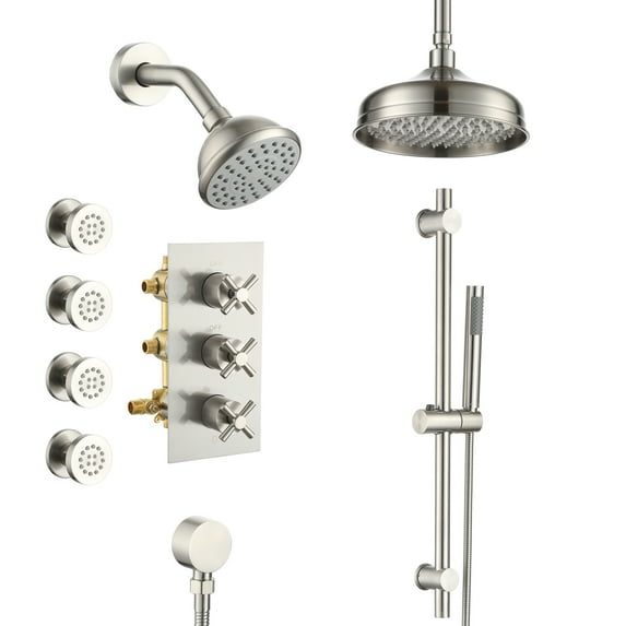 Boyel Living 8-In Ceiling Mounted Shower System Rainfall Shower Head with Sliding Bar Handheld Spray and 4 Body Sprays for Bathroom Multifunctional Shower Set(Brushed Nickel)