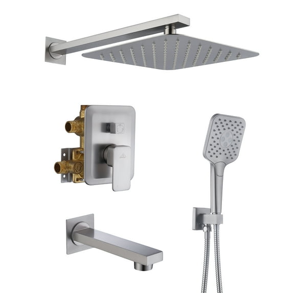 Boyel Living 9.8" Wall-Mounted Rain Shower Faucet with Pressure Balanced Valve Square Shower Faucet Set with Bathtub Spout,Brushed Nickle