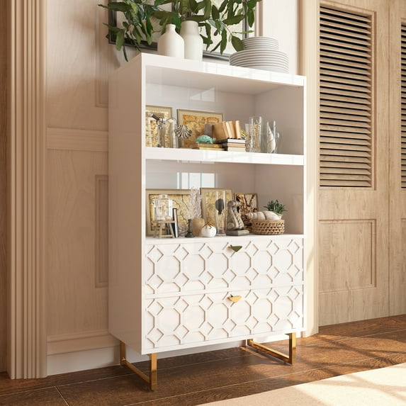 Boyel Living Bookcase with 2 Drawers, 2-Tier Open Bookshelf Free Standing Storage Book Shelves Chest for Home Office Study Room, White