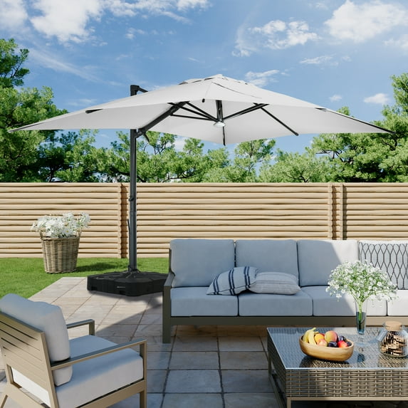 Boyel Living Cantilever Outdoor Patio Umbrellas, with Bluetooth Ambient Light & Base, Offset Rectangle Umbrella for Pool Deck Garden Backyard, Gray