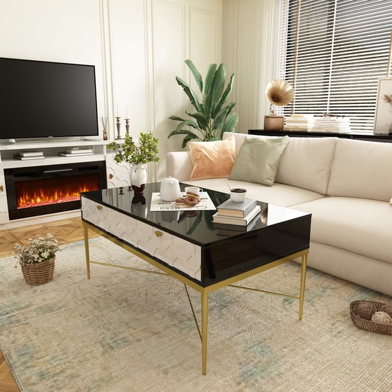 Boyel Living Coffee Table With 2 Drawers, Modern Center Table with Storage Drawers High Gloss Desktop Sofa End Table for Living Room White