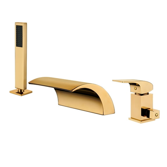 Boyel Living Deck Mounted Waterfall Tub Faucet Tub Filler 7" Widespread Faucet with Hand Shower Gold