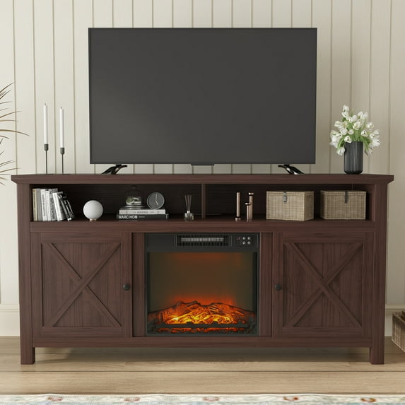 Boyel Living Fireplace TV Stand with Barn Door, TV Console w/ 18" Electric Fireplace, Modern Farmhouse Media Console Cabinet for Living Room, 58 Inch, Brown
