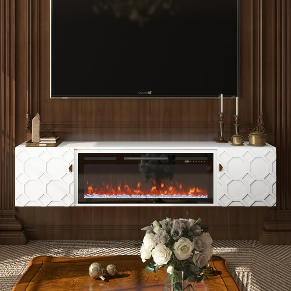 Boyel Living Floating Fireplace TV Stand , Modern Entertainment Center w/ 36" Electric Fireplace, Wall Mounted Electric Fireplace TV Console for Living Room Bedroom, White