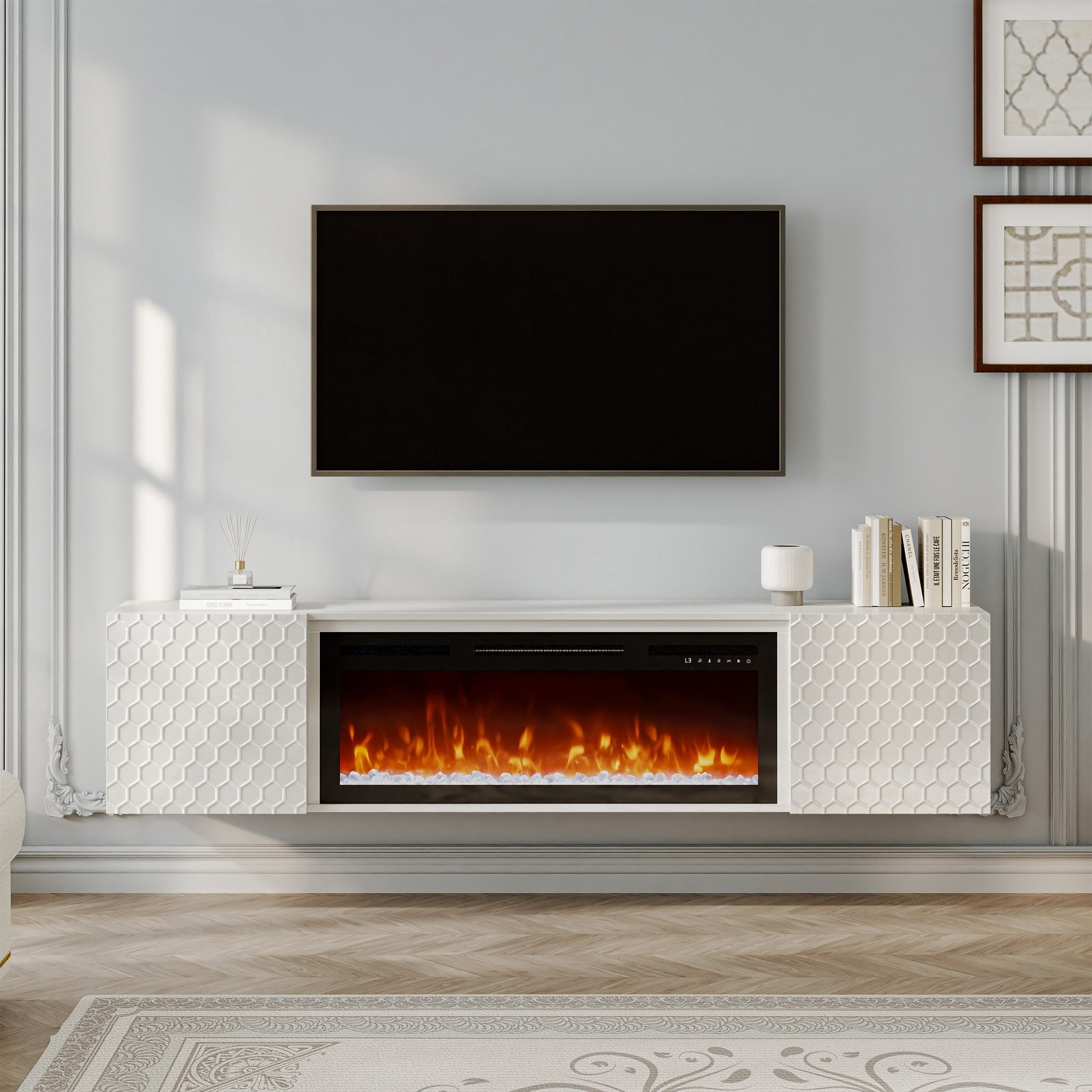 White Wall Mounted TV Stand with Electric Fireplace and Storage