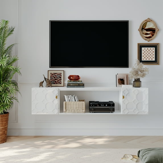 Boyel Living Floating TV Stand for TVs up to 80", Modern High Gloss Entertainment Center, Wall Mounted TV Media Console with Storage Cabinets, White