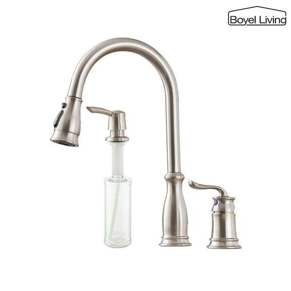 Boyel Living Kitchen Faucet 3-Spray Patterns 1.8 GPM Pull Down Spout,Single Handle Kitchen Sink Faucets with Soap Dispenser in Brushed Nickel