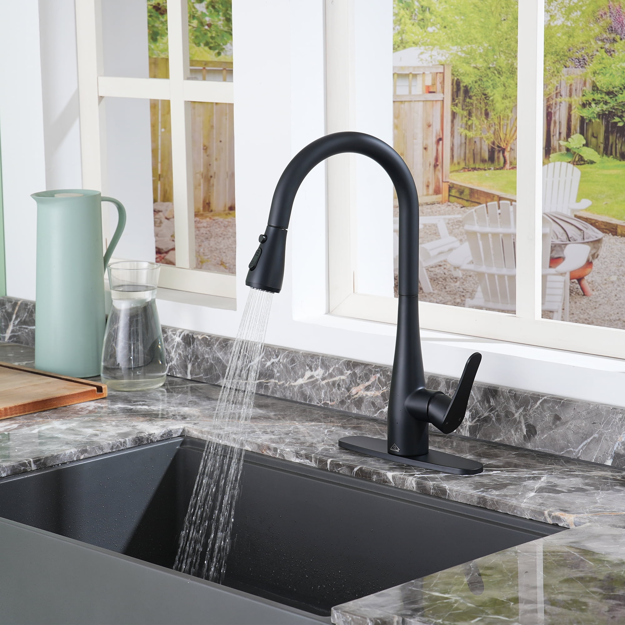 Boyel Living Matt Black Kitchen Faucet, Pull-Out Kitchen Faucet with ...