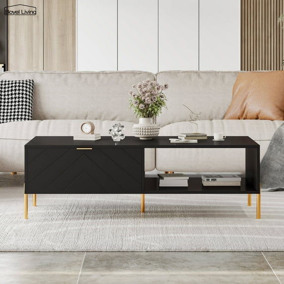 Boyel Living Modern Coffee Table with 2 Drawers and Open Storage, Rectangle Coffee Table Center Table for Living Room, Black