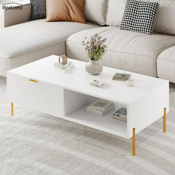 Boyel Living Modern Coffee Table with 2 Drawers and Open Storage, Rectangle Coffee Table Center Table for Living Room, White