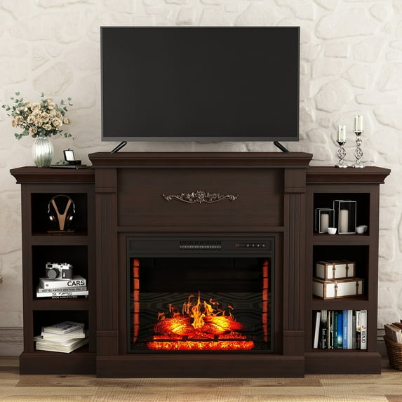 Boyel Living Modern Fireplace TV Console, 70" TV Stand w/ 28" Electric Fireplace, 6 Open Shelves Cabinet for Living Room, Brown