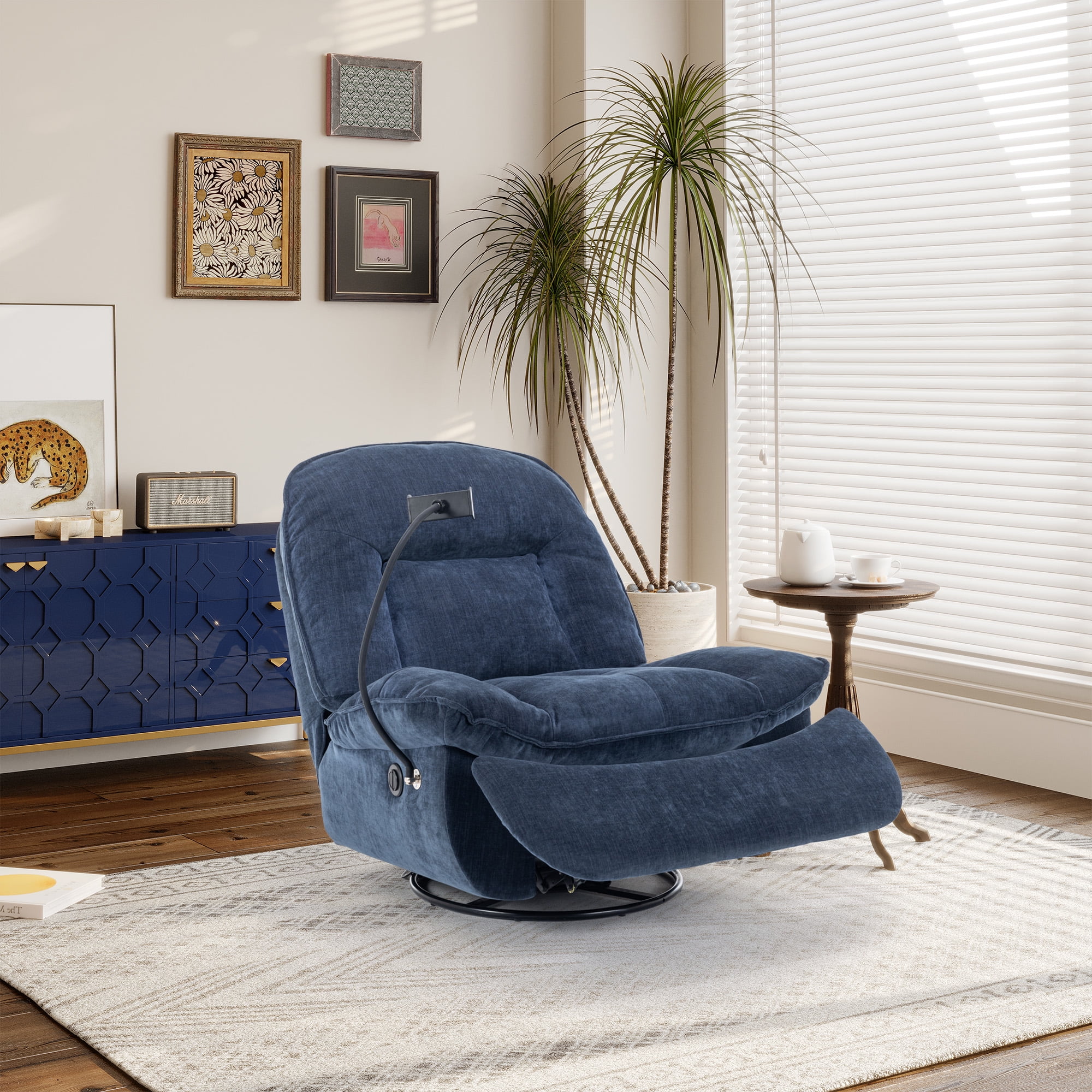 Boyel Living Chenille fabric Solid Recliner with Phone Holder Blue