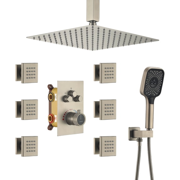 Boyel Living Rain Mixer Shower Faucet Set Ceiling Mount 12'' Rainfall 3 Function Thermostatic Shower System with 6 Body Jets,Brushed Nickel