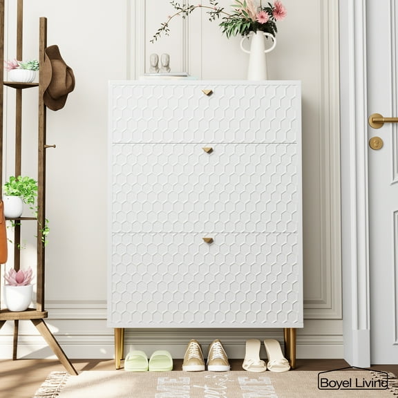 Boyel Living Shoe Cabinet White 24 Pair Entryway Shoe Storage Organizer Flip Drawers for Bedroom Closet Shoe Rack Shelf Organizer Modern Wooden Storage Shoe Organizer Cabinet