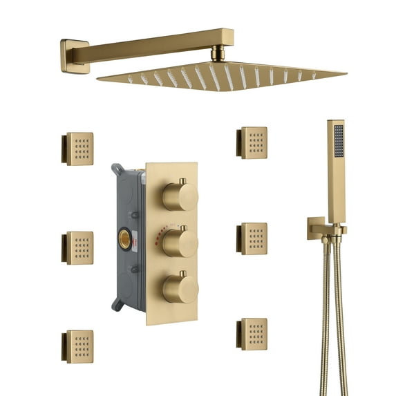 Boyel Living Shower Head Set Wall Mount 12'' Rainfall 3 Function Shower System with 6 Body Jets,Brushed Gold