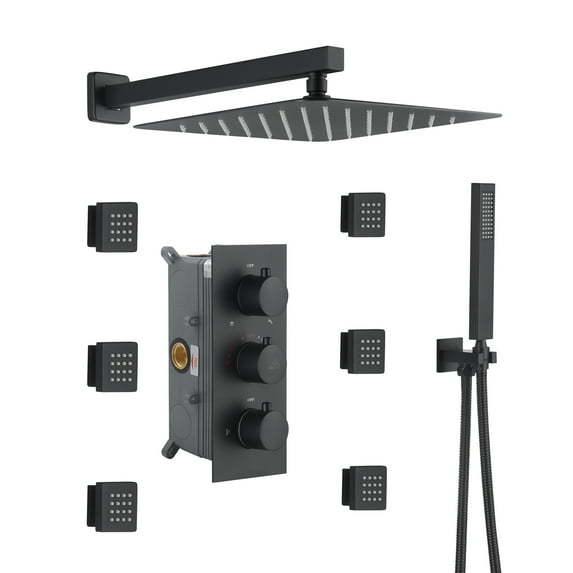 Boyel Living Shower Head Set Wall Mount 12'' Rainfall 3 Function Shower System with 6 Body Jets,Matte Black
