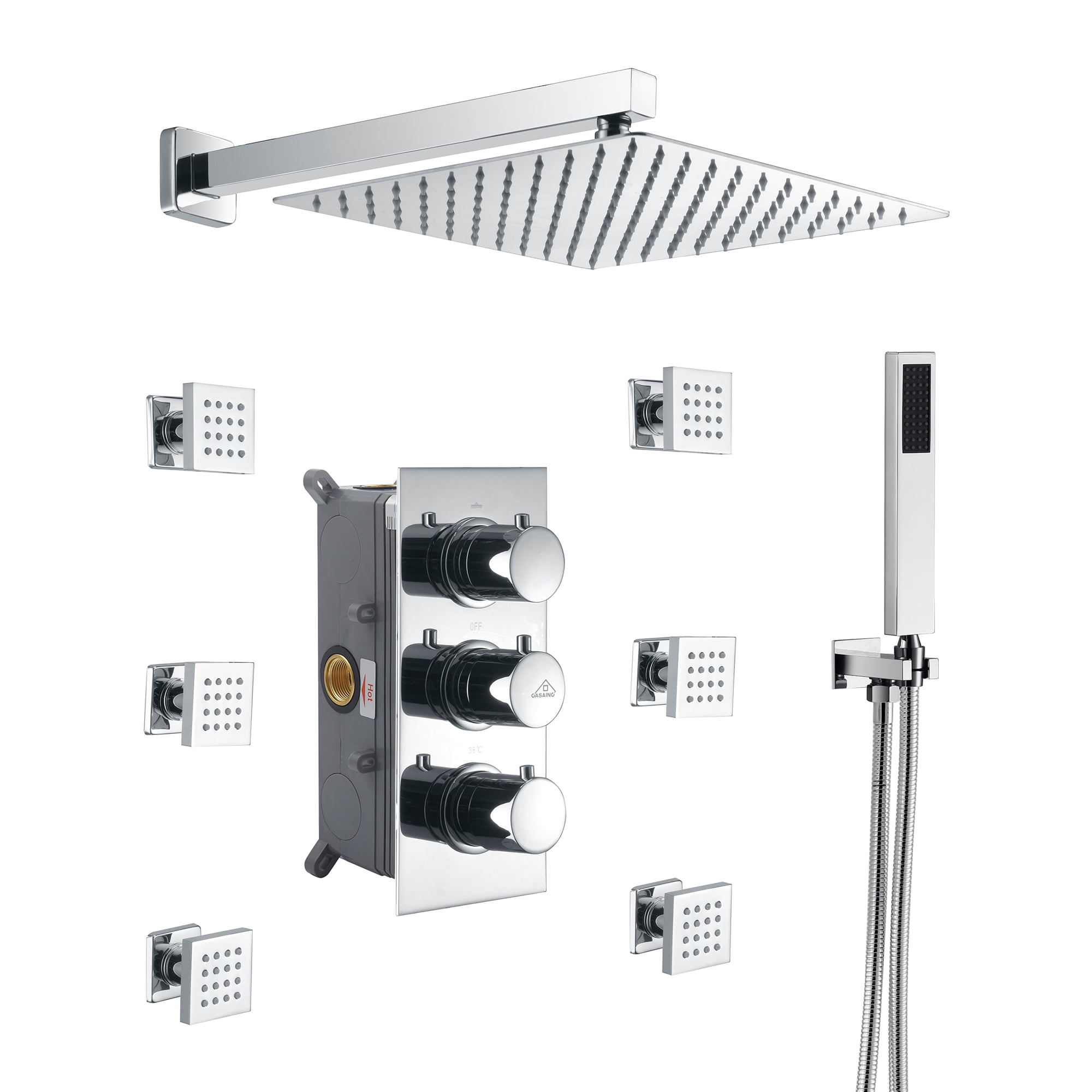 Chrome Dual Square Wall Mounted Shower System with Handheld and Body Jets