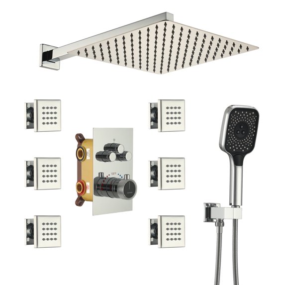 Boyel Living Shower Head and Handle Set Wall Mount 12'' Rainfall 3 Function Thermostatic Shower System with 6 Body Jets,Chrome