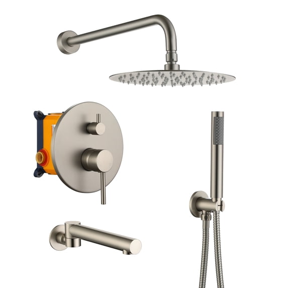 Boyel Living Shower System 10 in Wall Mount Rainfall Shower Head with Handheld Shower and Bathtub Tub Spout,3-function Bathroom Round Shower Combo Set ,Shower Set Tub Faucet in Brushed Nickle