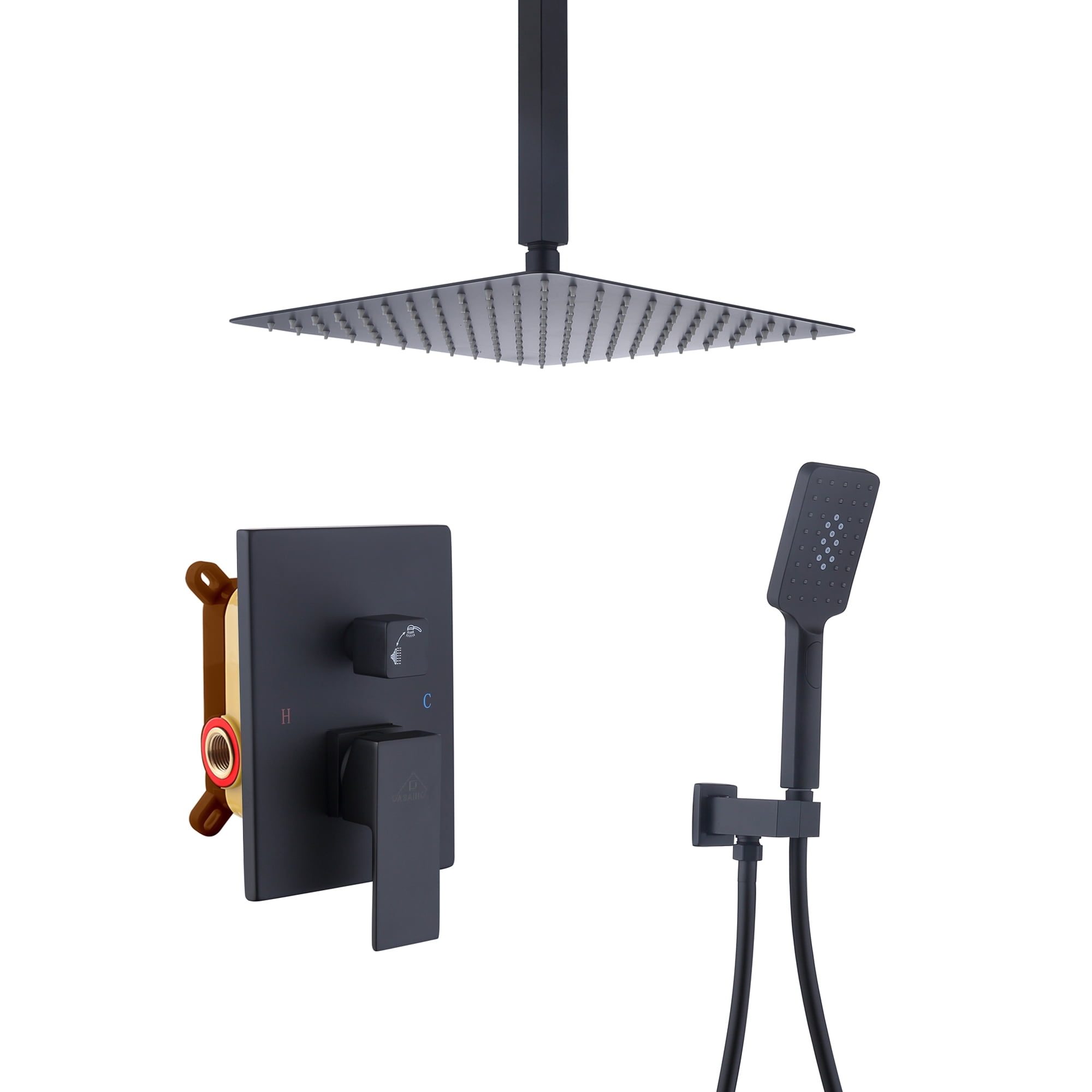 Matte Black Large Square Ceiling Mounted Dual Shower System